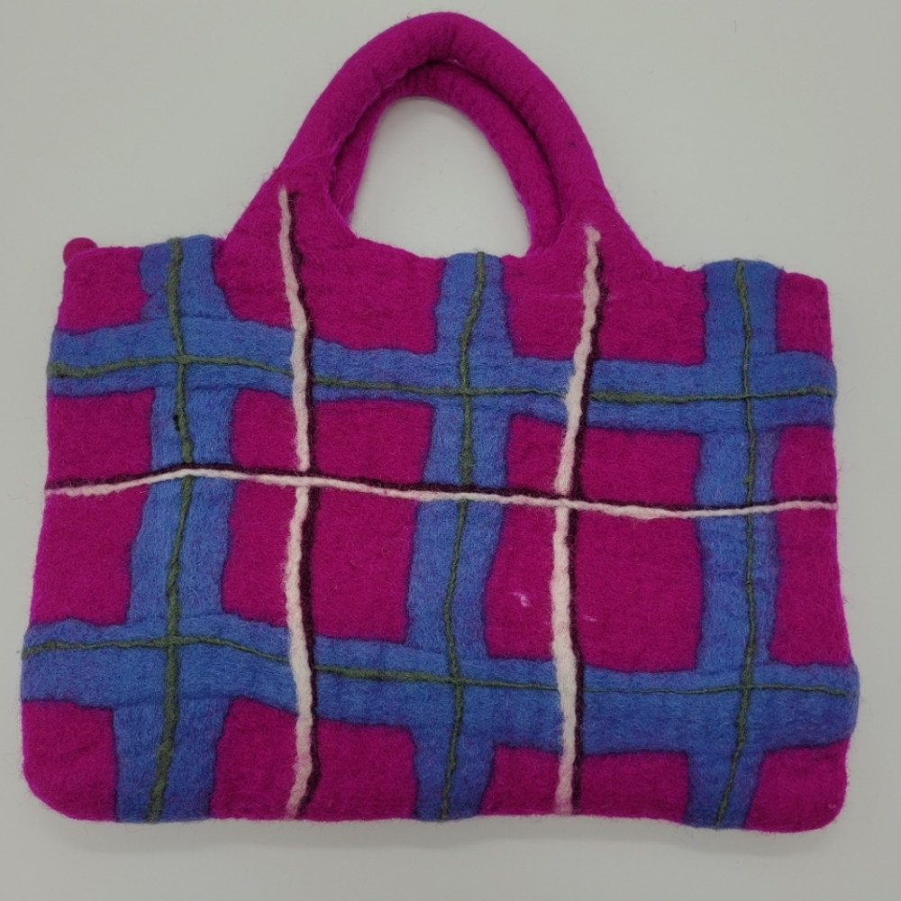 Rising Tide Plaid Wool Felt Hand Bag Purse Handmade Nepal Magenta Blue Green
